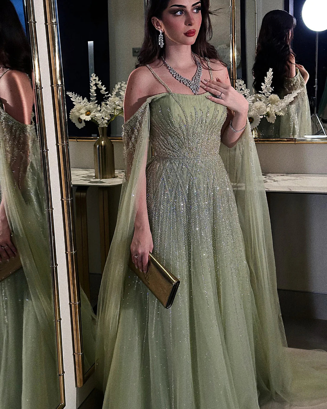 Luxurious Green Beaded Tulle Evening Gown with Layered Cap XD024