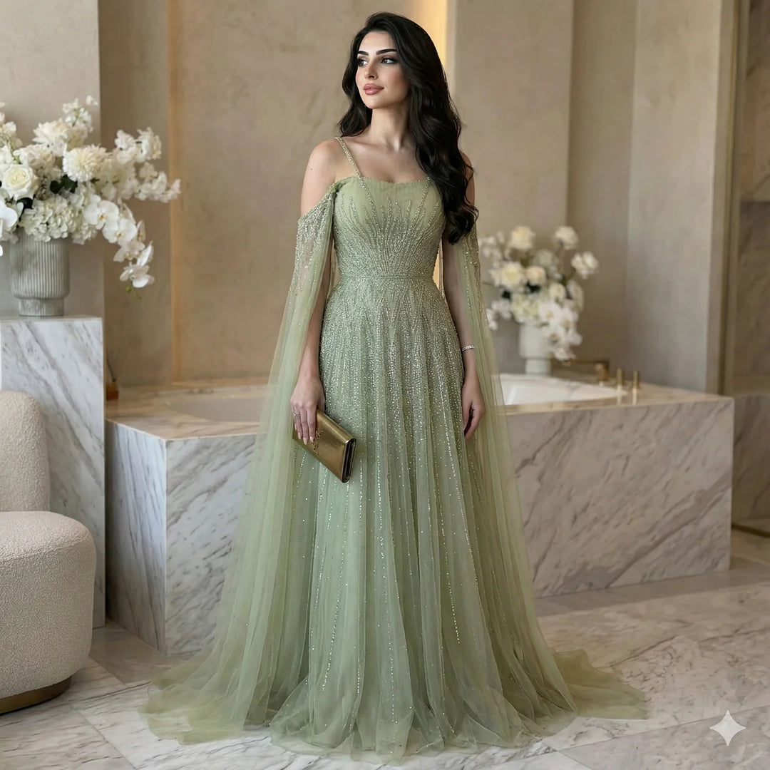 Luxurious Green Beaded Tulle Evening Gown with Layered Cap XD024