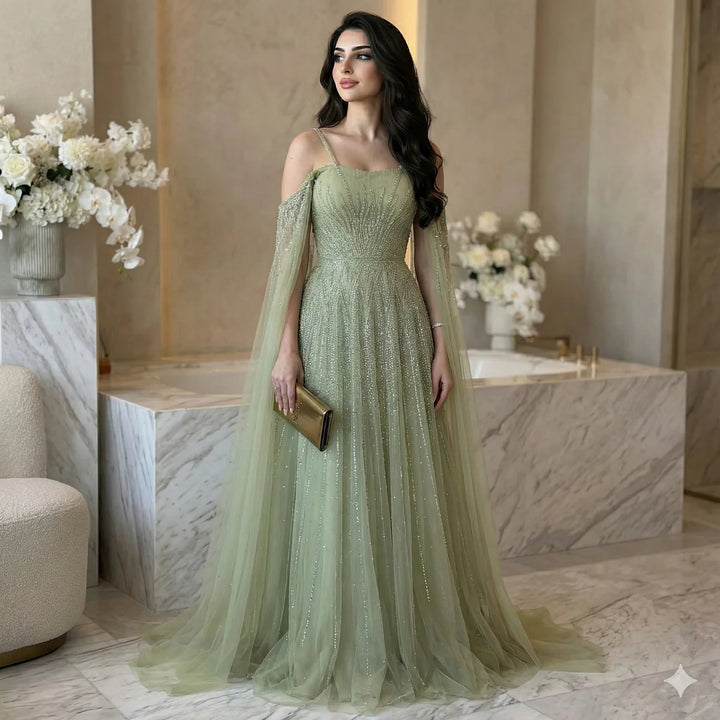 Luxurious Green Beaded Tulle Evening Gown with Layered Cap XD024