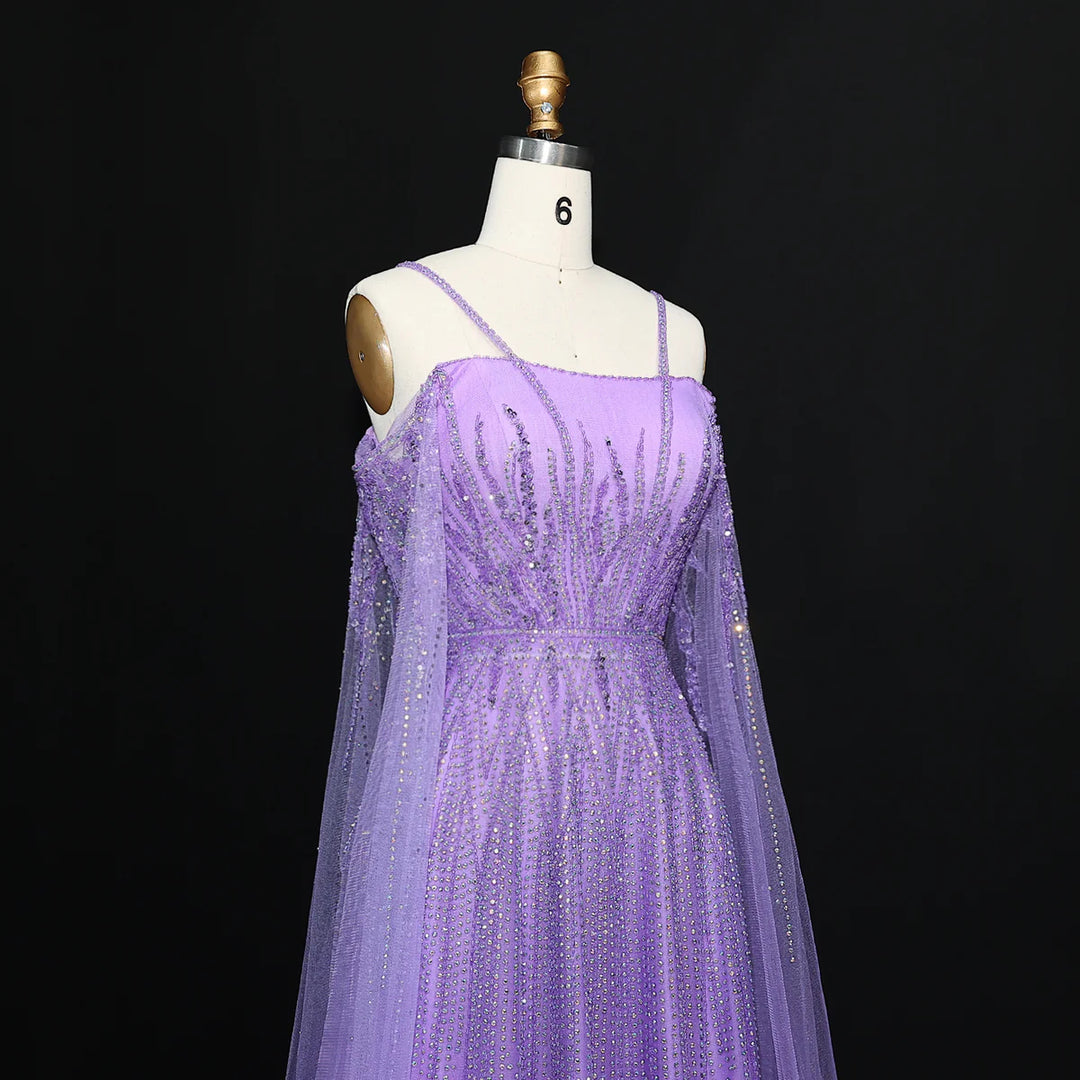 Luxurious Green Beaded Tulle Evening Gown with Layered Cap XD024