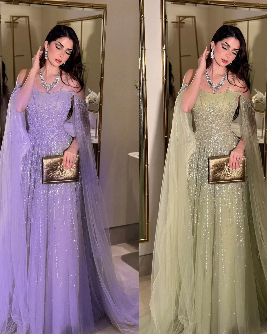 Luxurious Green Beaded Tulle Evening Gown with Layered Cap XD024