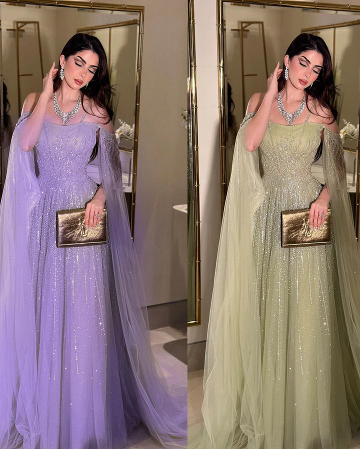 Luxurious Green Beaded Tulle Evening Gown with Layered Cap XD024