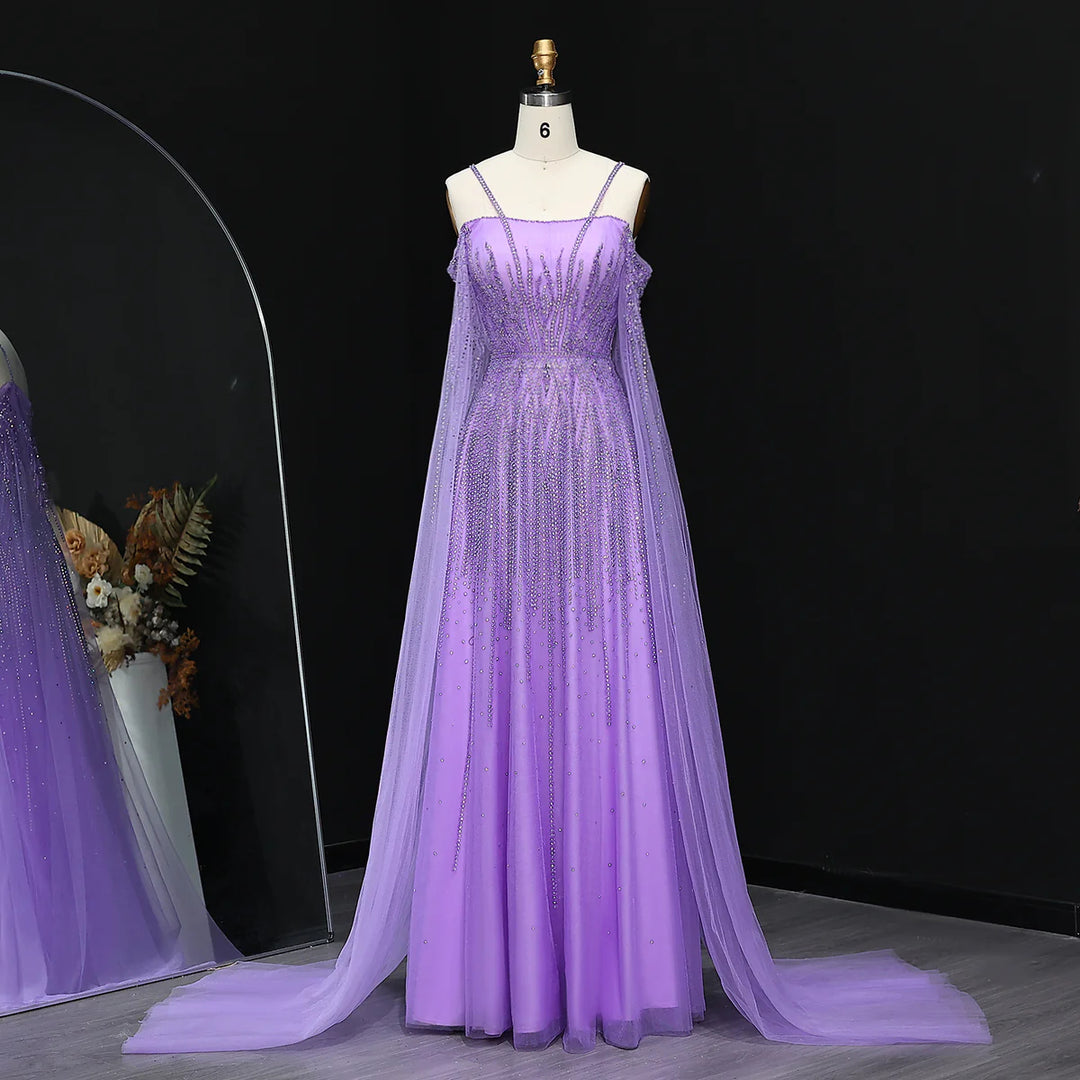 Luxurious Green Beaded Tulle Evening Gown with Layered Cap XD024