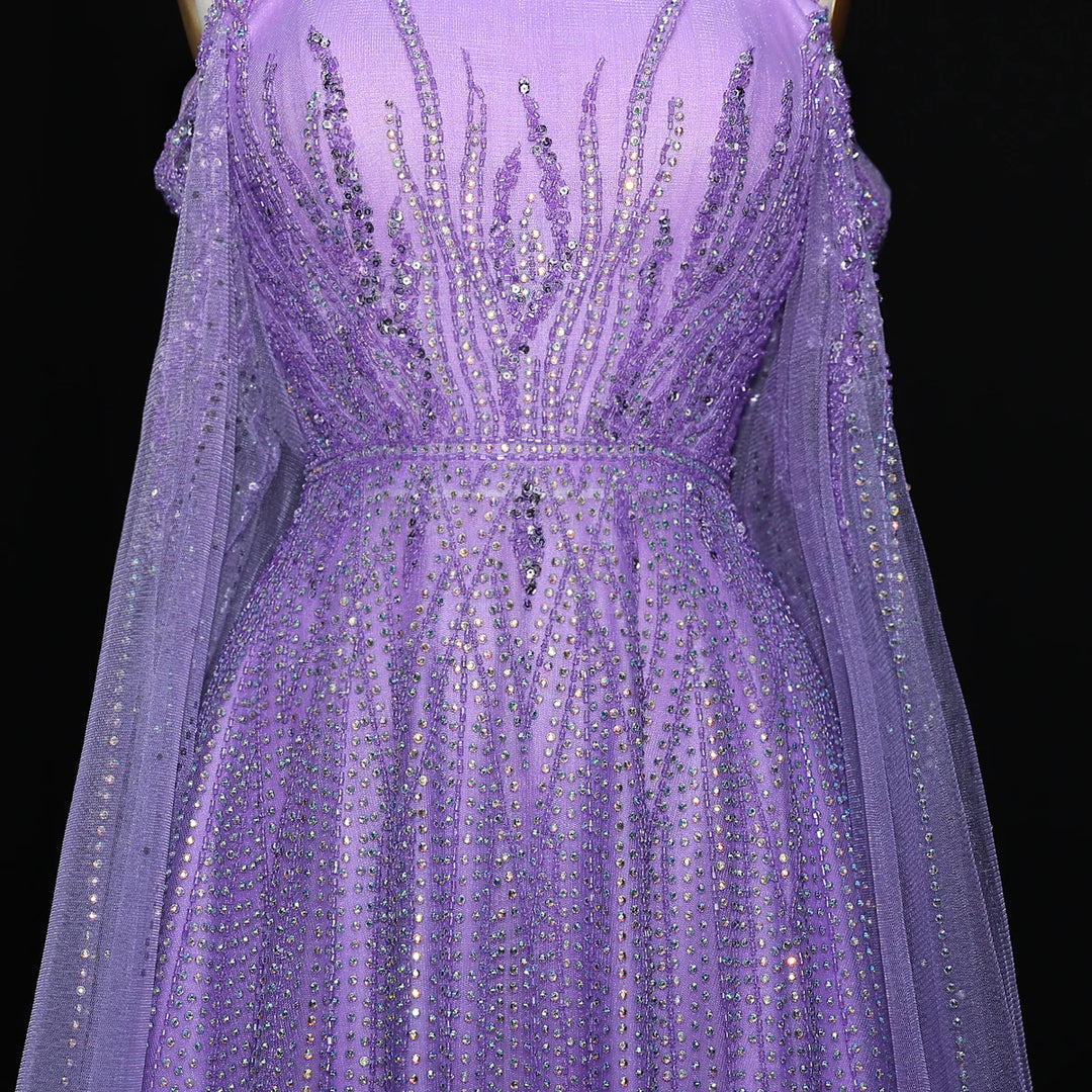 Luxurious Green Beaded Tulle Evening Gown with Layered Cap XD024