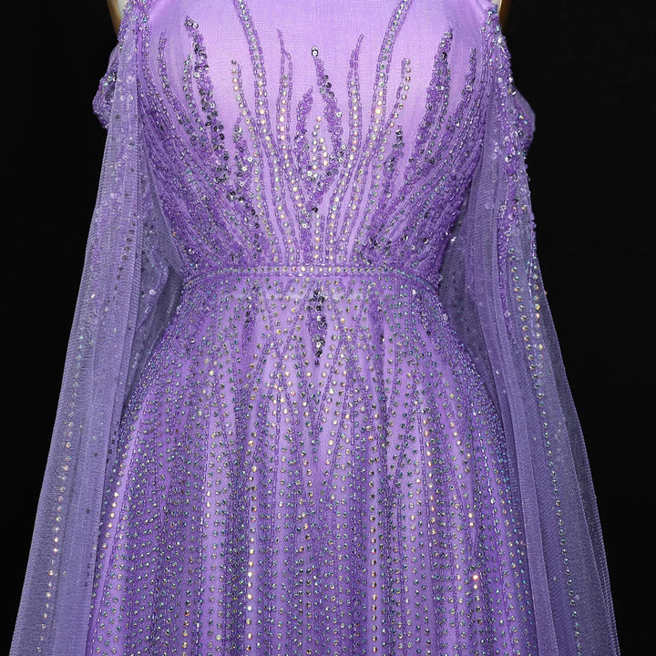 Luxurious Green Beaded Tulle Evening Gown with Layered Cap XD024