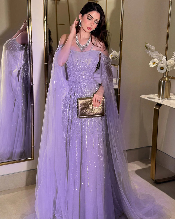 Luxurious Green Beaded Tulle Evening Gown with Layered Cap XD024