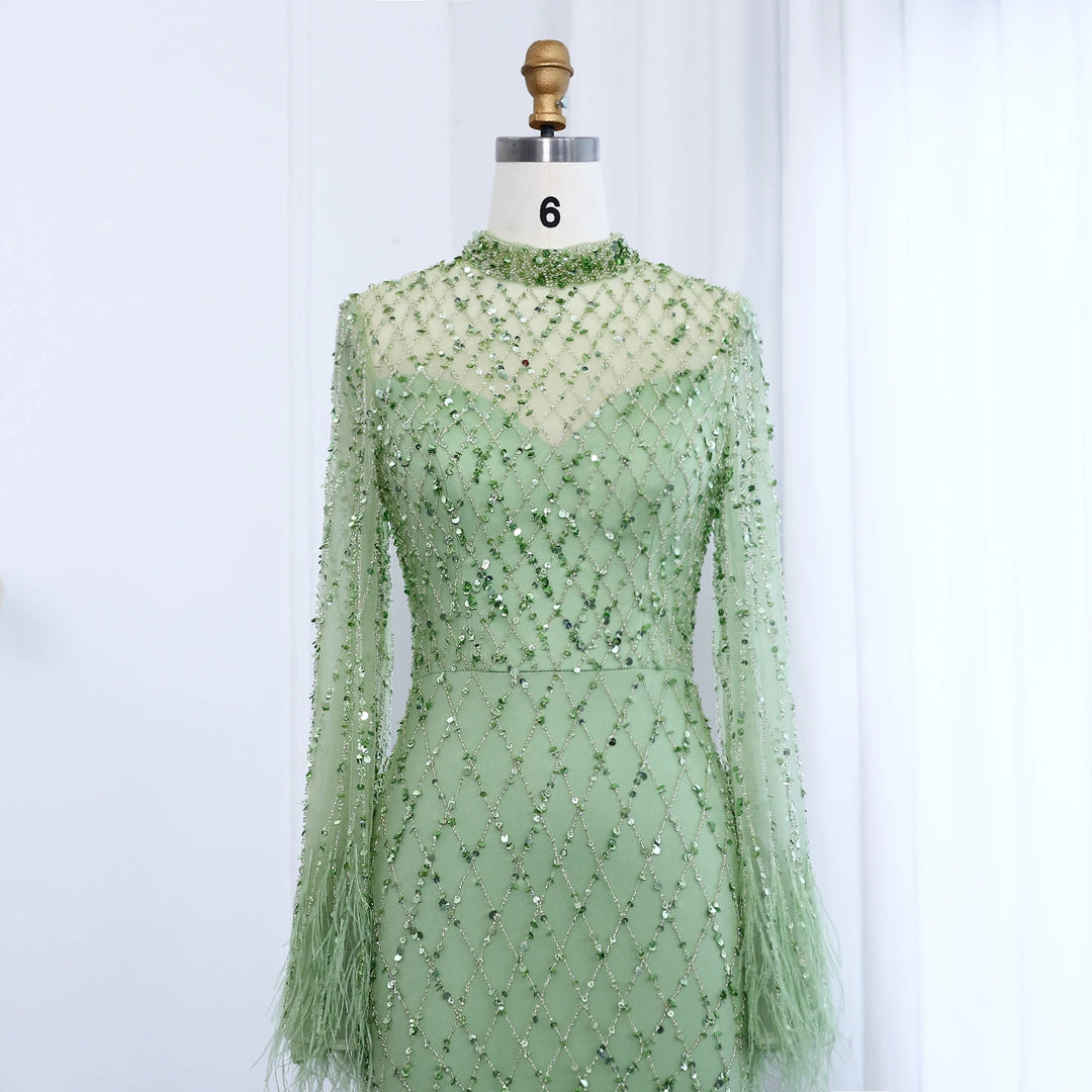 Sage Green Formal Dress With Sleeves Luxury Beaded Feathers Sage