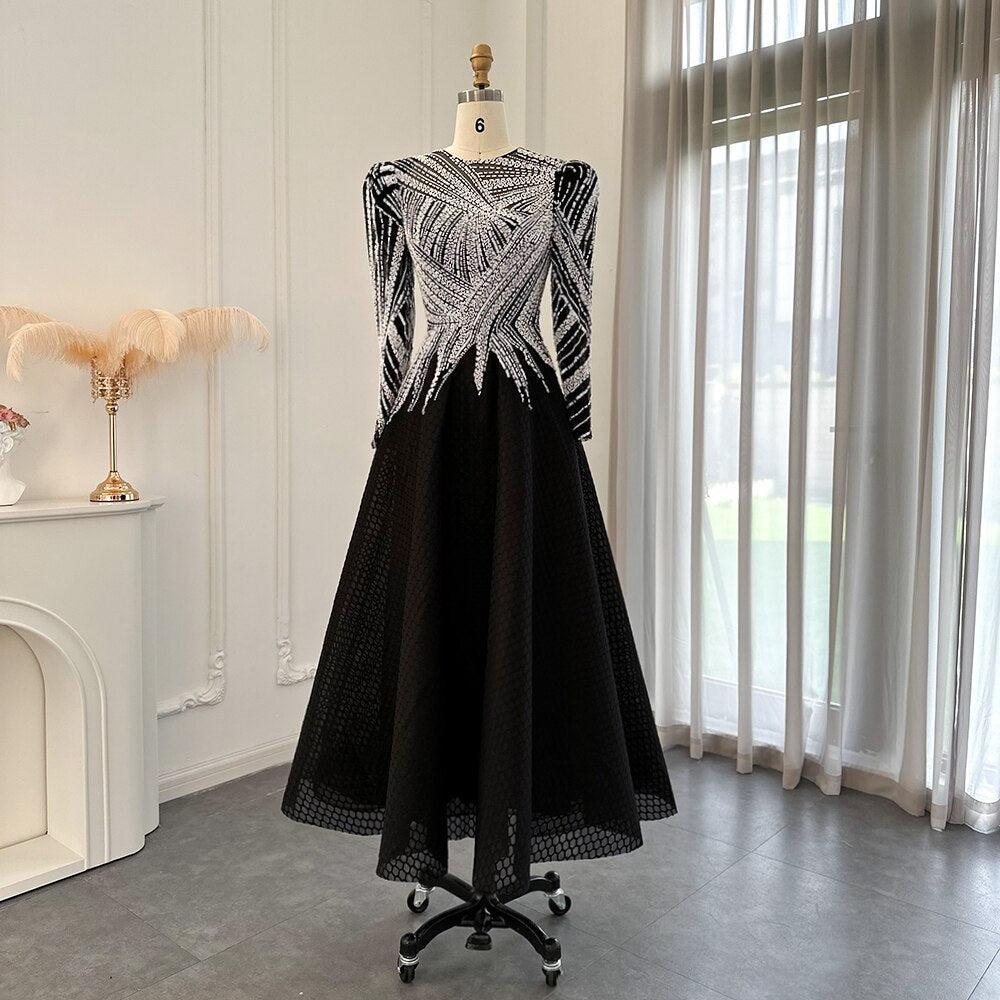 Luxury Black Short Evening Dress Long Sleeve 2023 Elegant A-Line