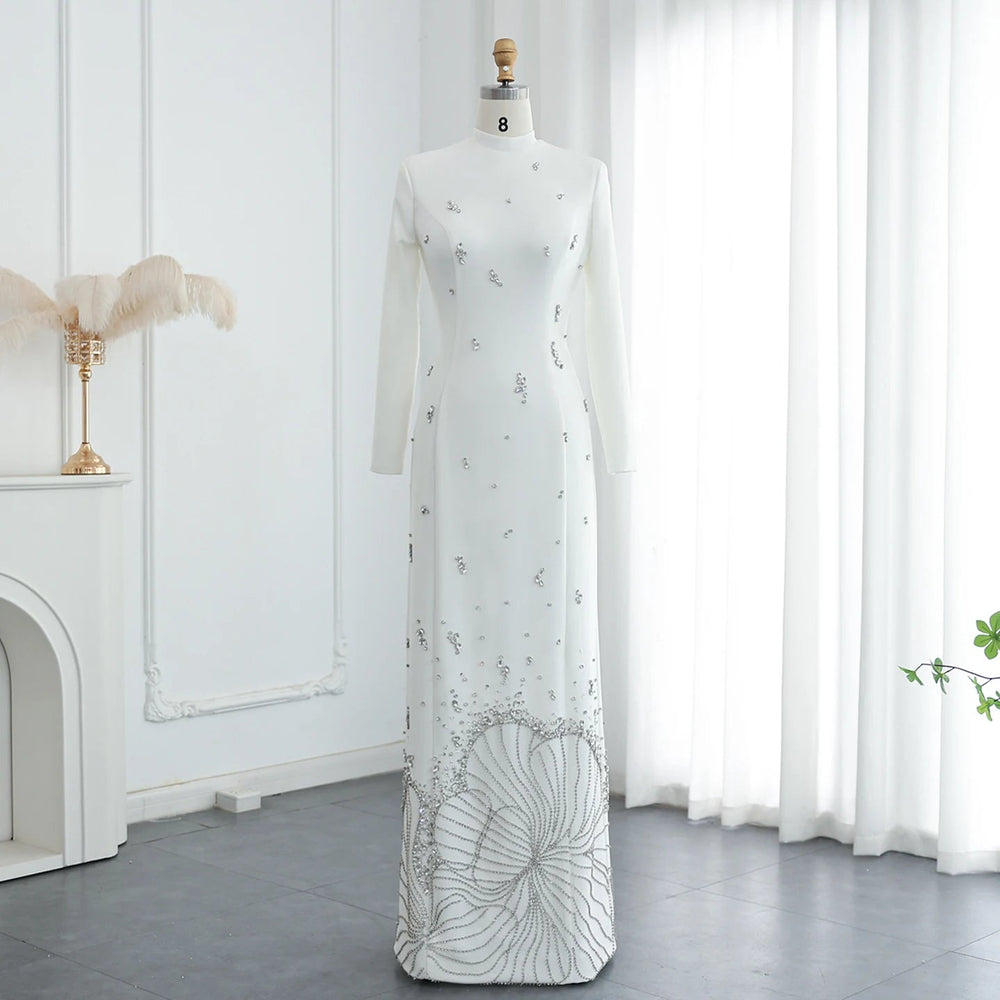 Luxury Crystal White Muslim Evening Dresses Long Sleeves SS258