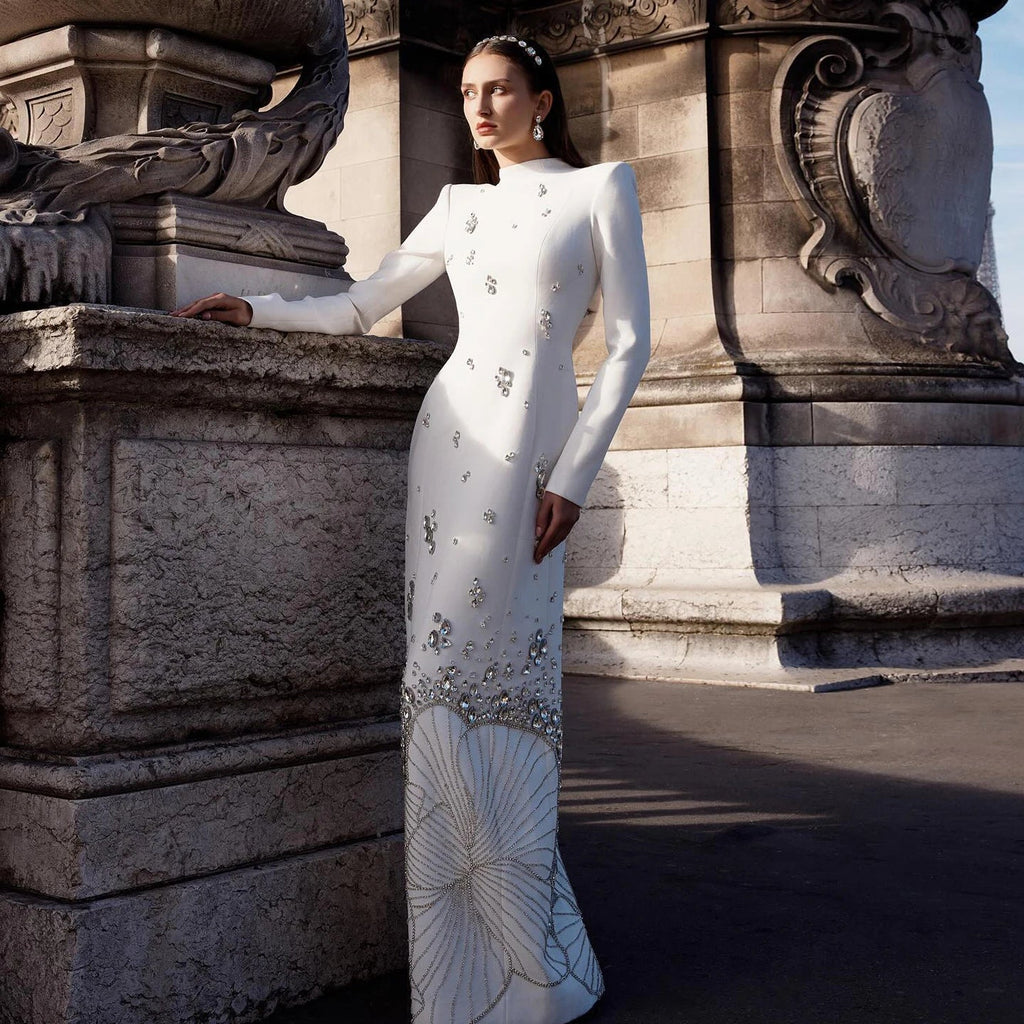 Luxury Crystal White Muslim Evening Dresses Long Sleeves SS258