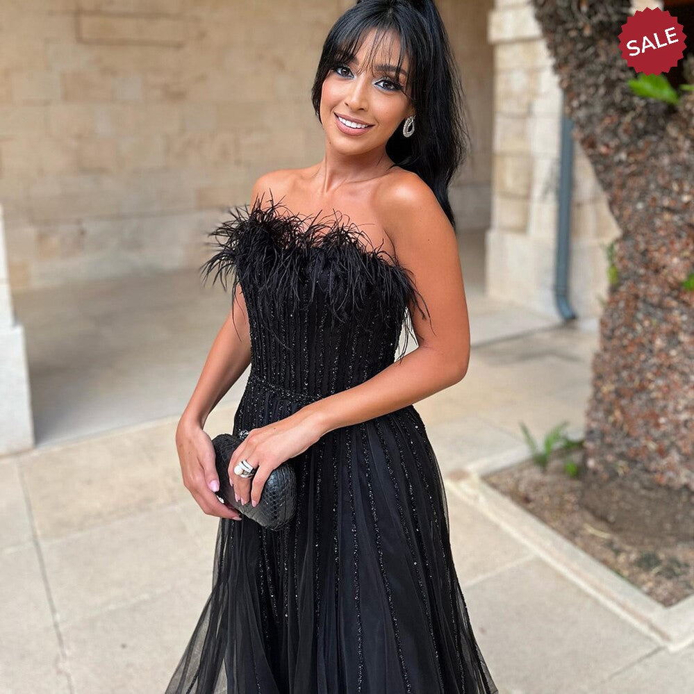 Luxury Dubai Black Feathers Evening Dresses SS401, Black / 4