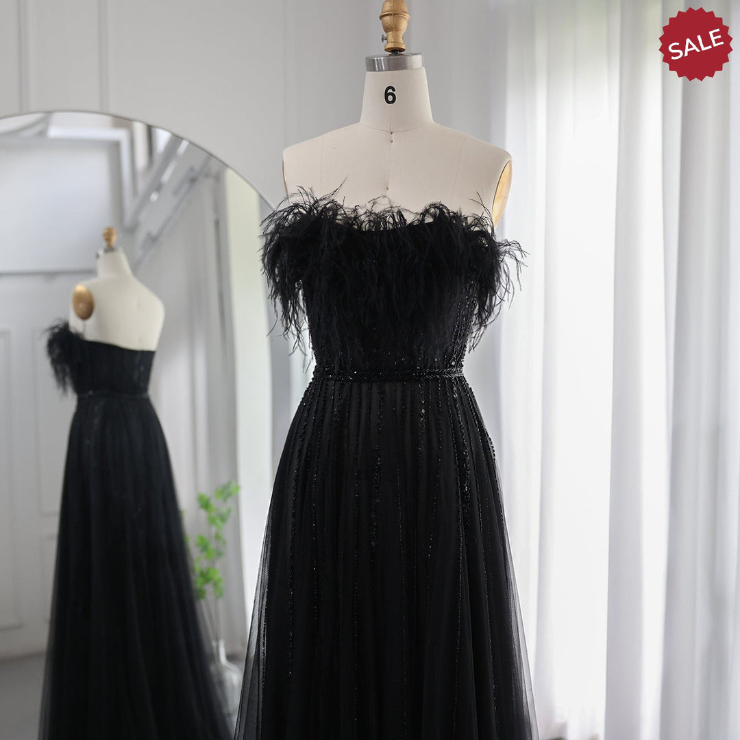 Luxury Dubai Black Feathers Evening Dresses SS401 Luxury Dubai Black Feathers Evening Dresses SS401