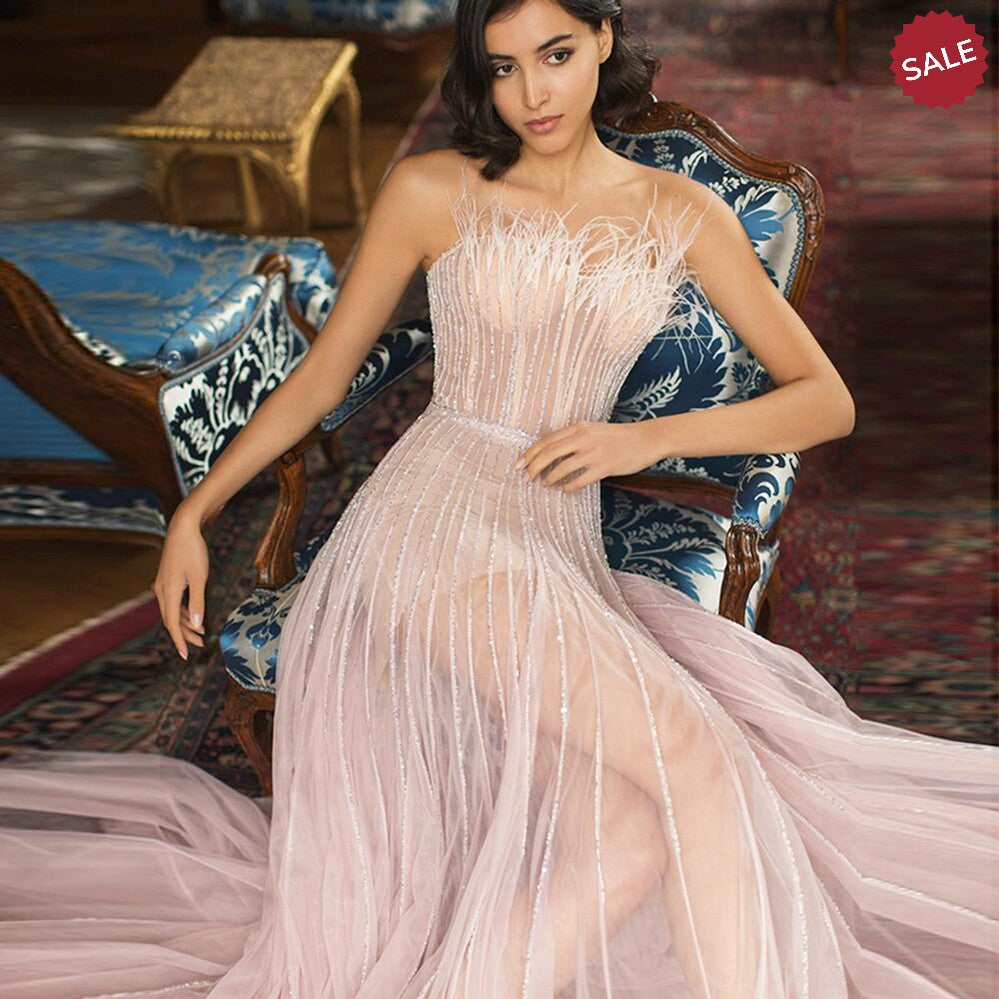Luxury Dubai Black Feathers Evening Dresses SS401, Black / 4