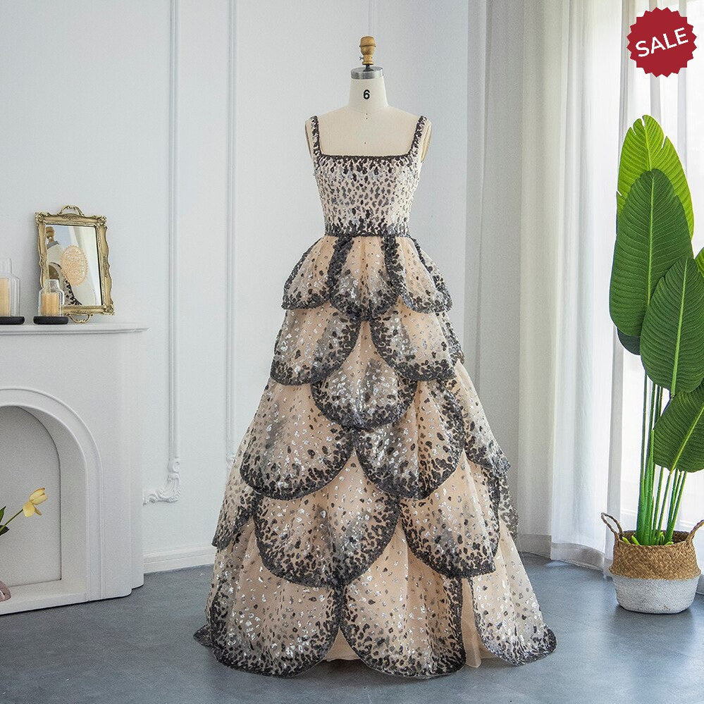 Luxury Dubai Evening Dresses Sparkly Sequin Tiered Ruffles SS243, Black Champagne / 6