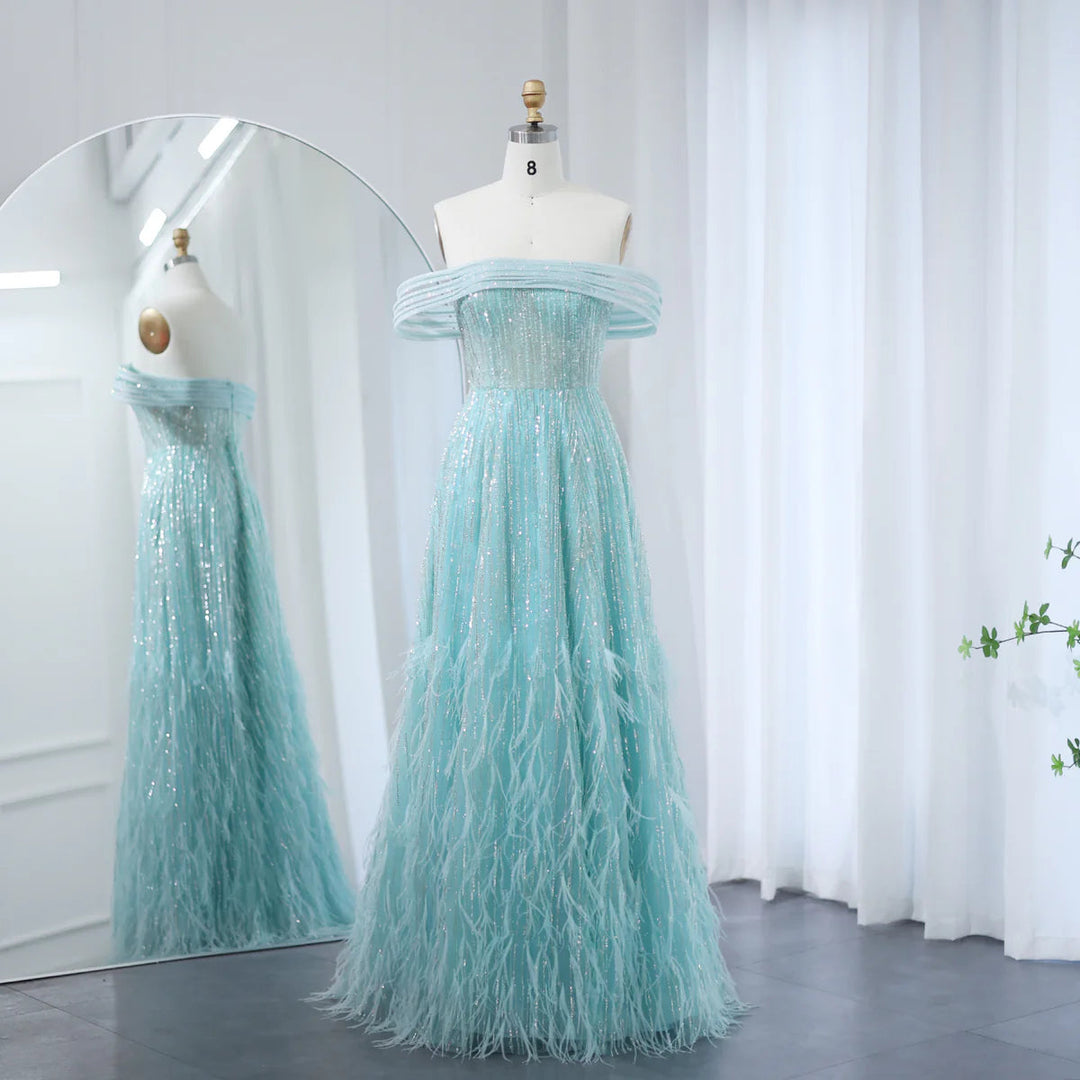 Luxury Feathers Aqua Green Evening Dresses Elegant Off Shoulder