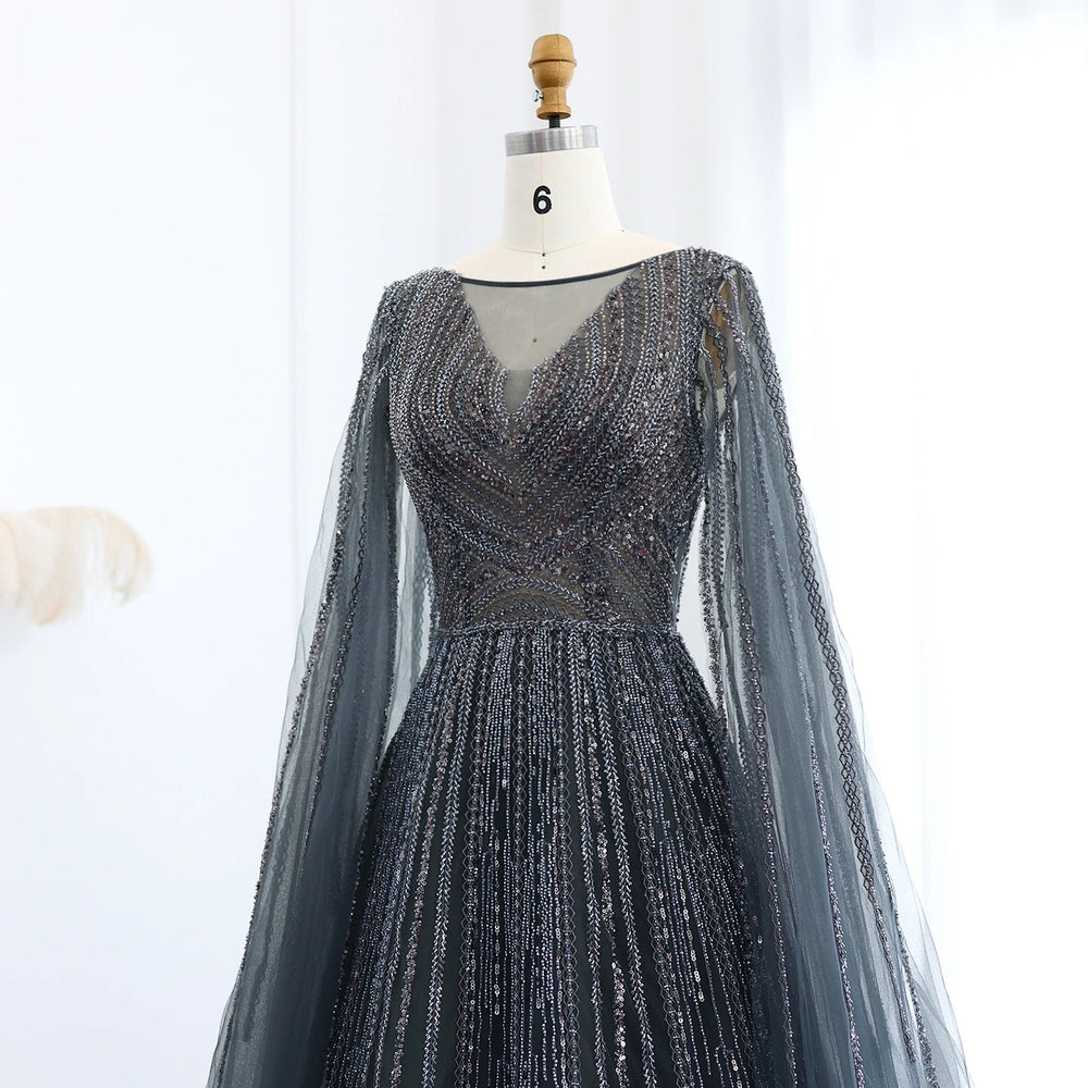 Luxury Gray Green Evening Dress with Cape Sleeves SS005