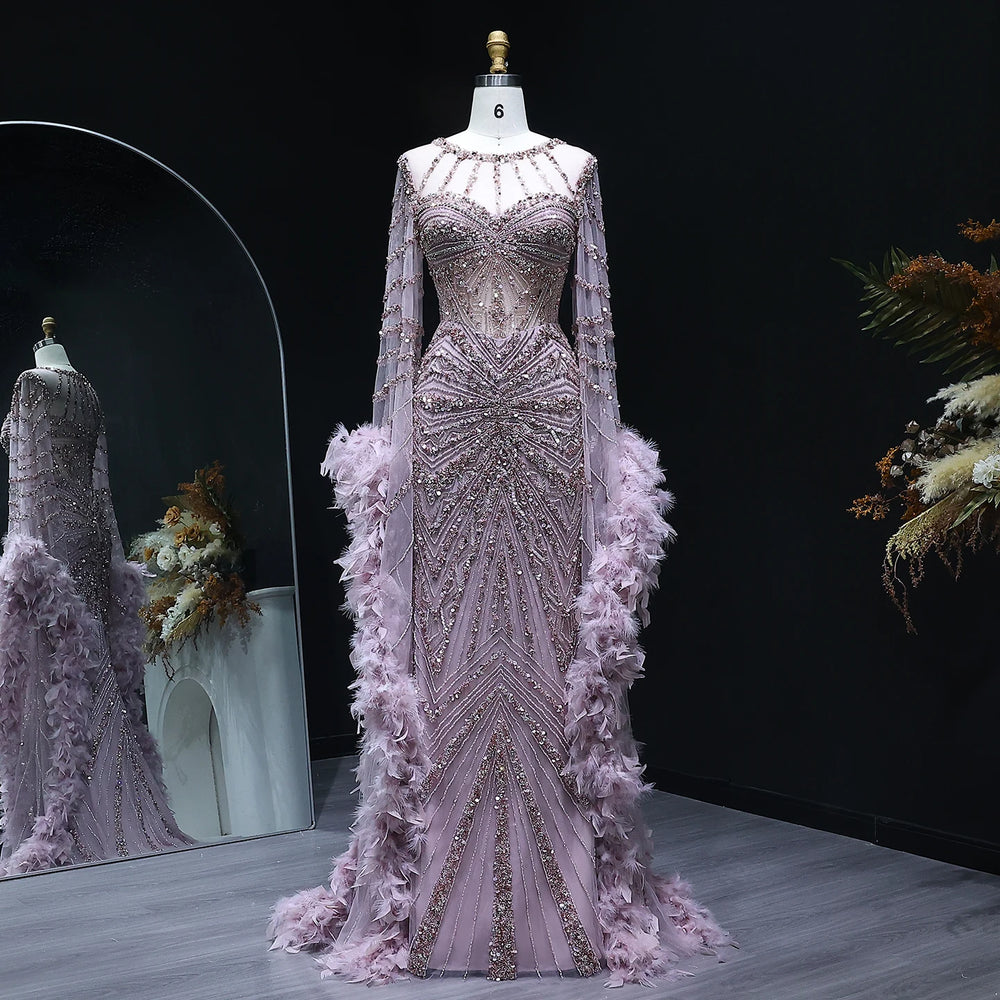 Luxury Mermaid Evening Dress with Feather Cape Sleeves SS082