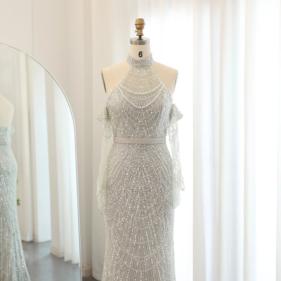 abendkleid mit handschuhen Luxuriöses Abendkleid im Meerjungfrau-Stil mit einer Schulter und Rüschen für Frauen, Hochzeitsfeier, hochgeschlitztes langes Abschlussballkleid – DreamyVow
