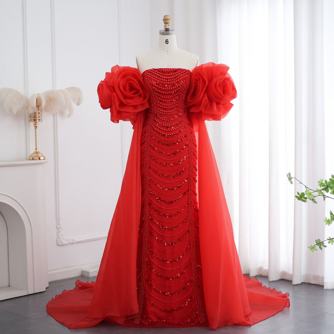 Luxury Pearl Red Evening Dress with 3D Flowers Cape SS585 – DreamyVow