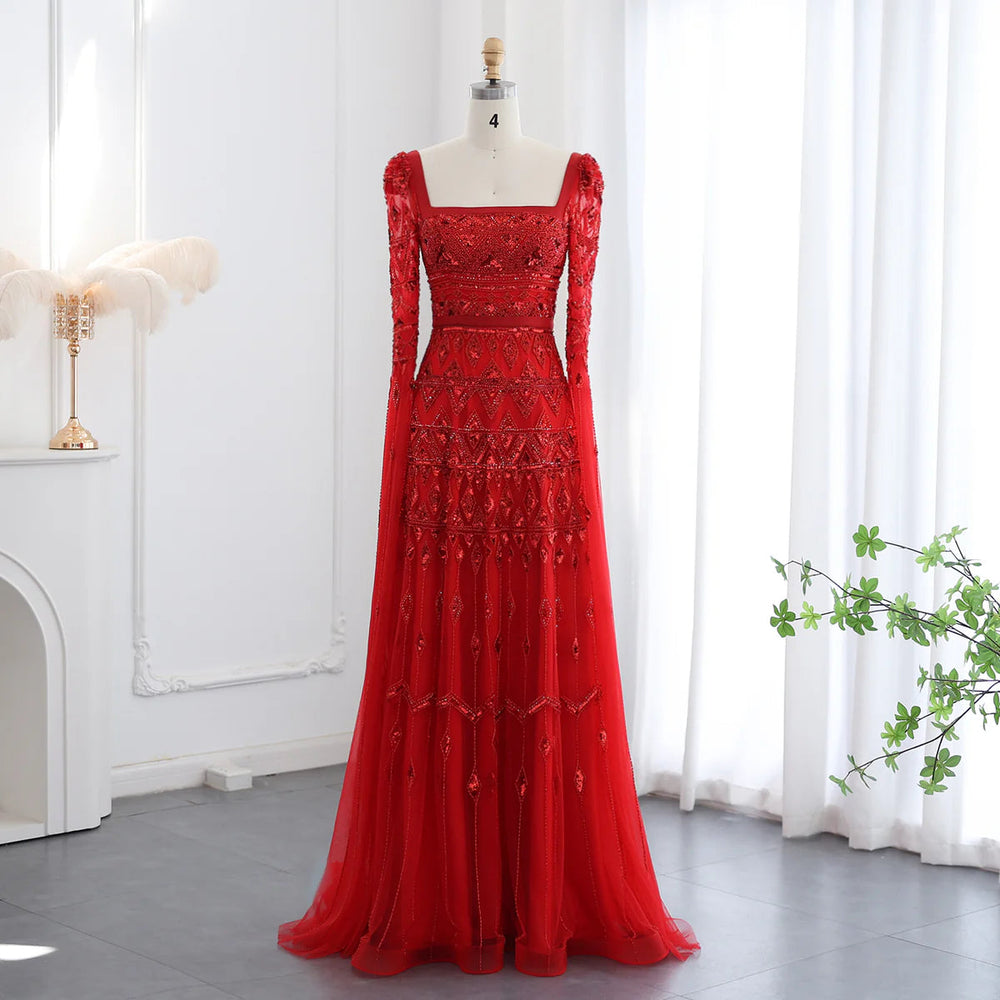 Luxury Wine Red Burgundy Evening Dress with Cape Sleeves SS461