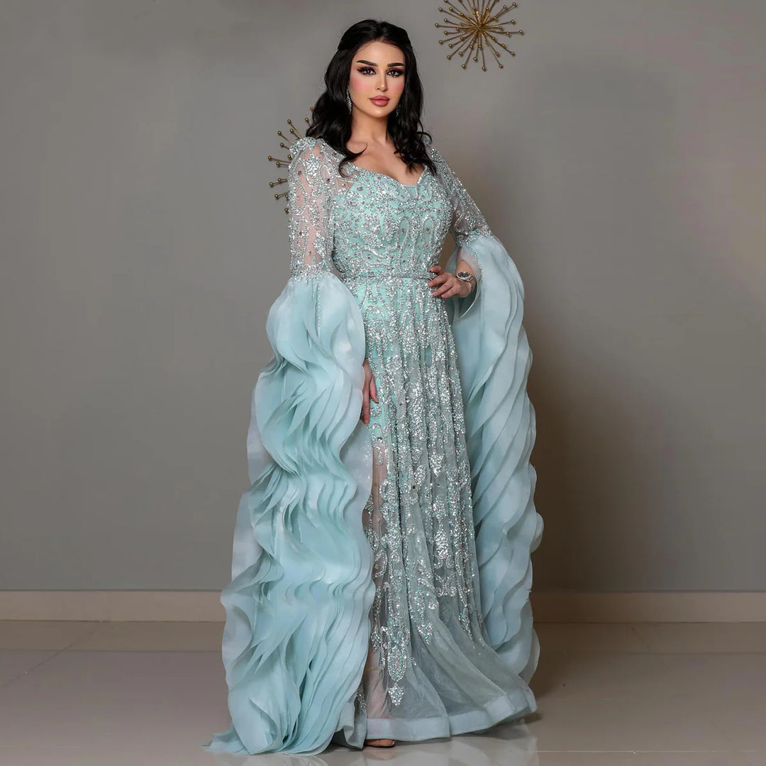 Luxury Aqua Ruffled Cape Crystal Sequin A-Line Evening Gown SS410