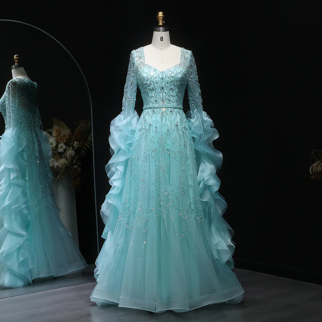 Luxury Aqua Ruffled Cape Crystal Sequin A-Line Evening Gown SS410