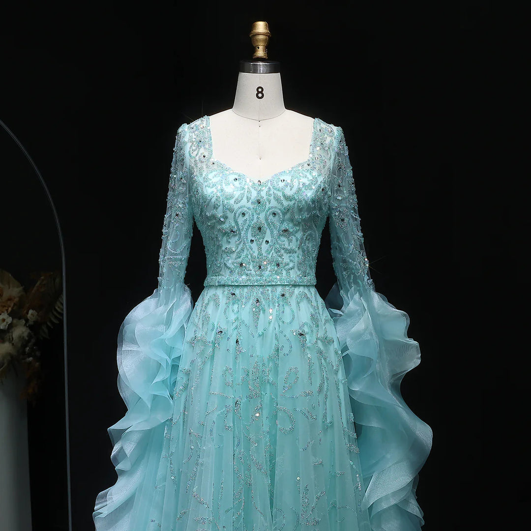 Luxury Aqua Ruffled Cape Crystal Sequin A-Line Evening Gown SS410