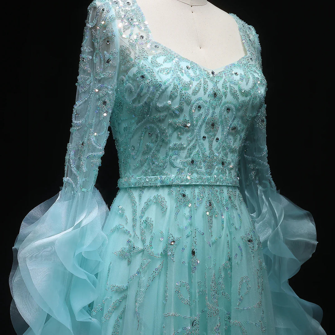 Luxury Aqua Ruffled Cape Crystal Sequin A-Line Evening Gown SS410