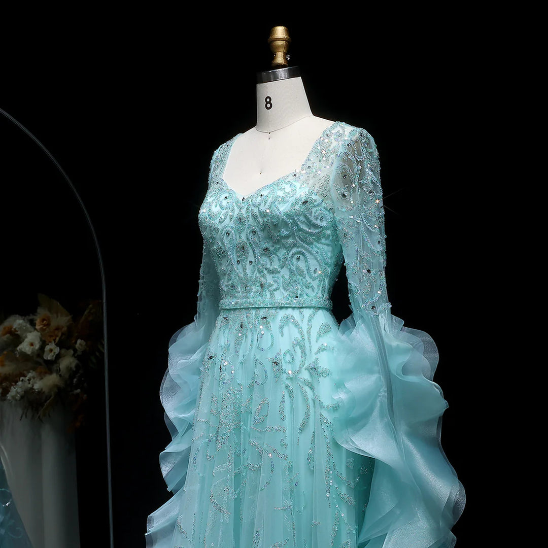 Luxury Aqua Ruffled Cape Crystal Sequin A-Line Evening Gown SS410