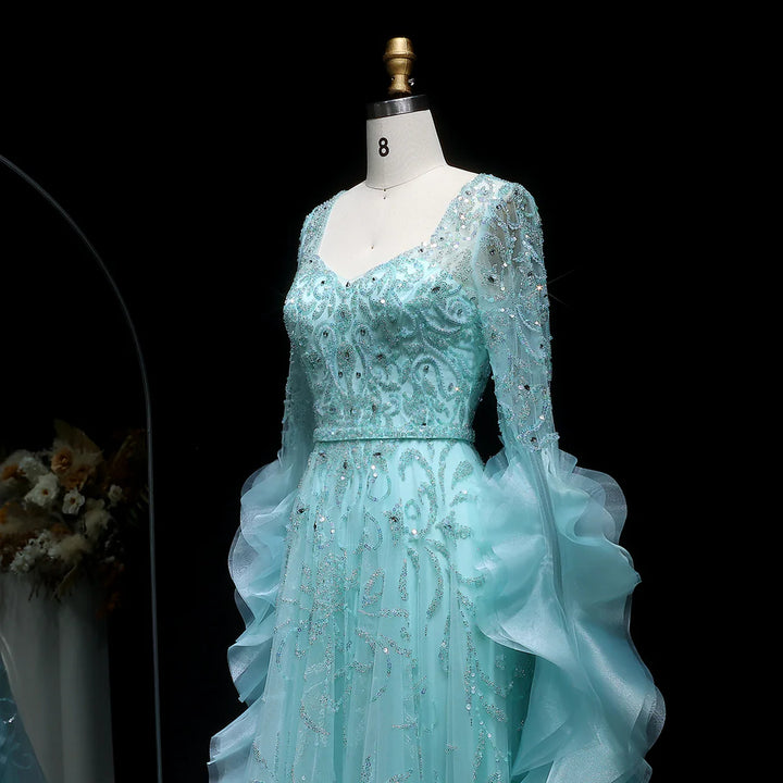 Luxury Aqua Ruffled Cape Crystal Sequin A-Line Evening Gown SS410