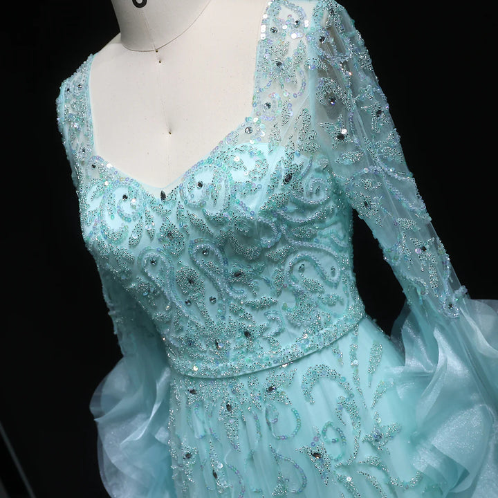 Luxury Aqua Ruffled Cape Crystal Sequin A-Line Evening Gown SS410