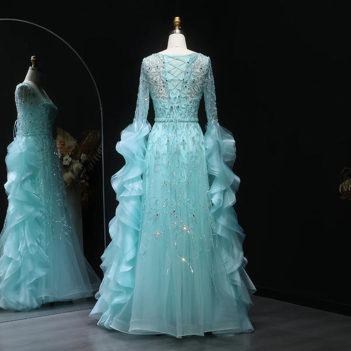Luxury Aqua Ruffled Cape Crystal Sequin A-Line Evening Gown SS410