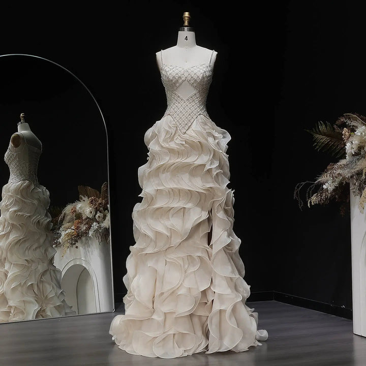Luxury Beige Beaded Corset Ruffle Evening Dress with Layered SS257