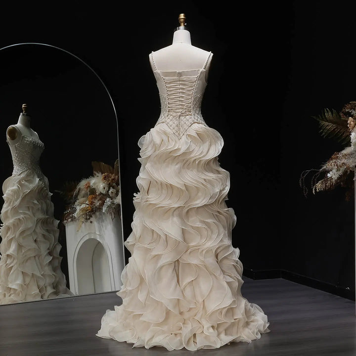 Luxury Beige Beaded Corset Ruffle Evening Dress with Layered SS257