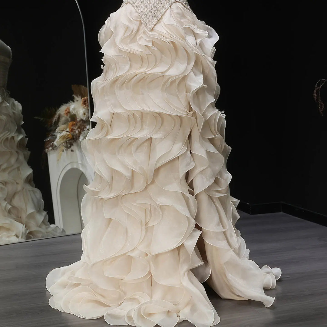 Luxury Beige Beaded Corset Ruffle Evening Dress with Layered SS257