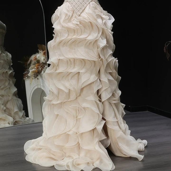 Luxury Beige Beaded Corset Ruffle Evening Dress with Layered SS257