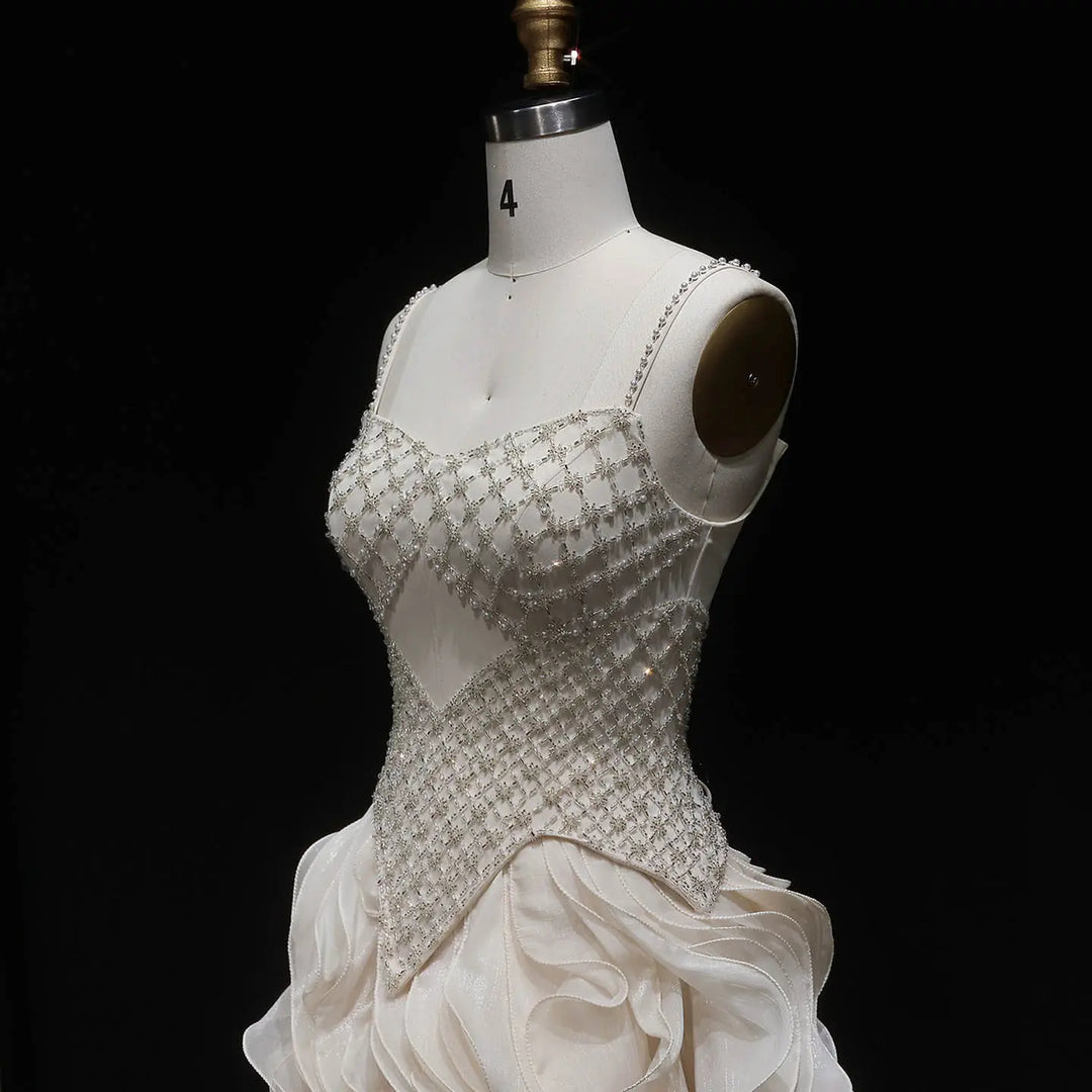 Luxury Beige Beaded Corset Ruffle Evening Dress with Layered SS257