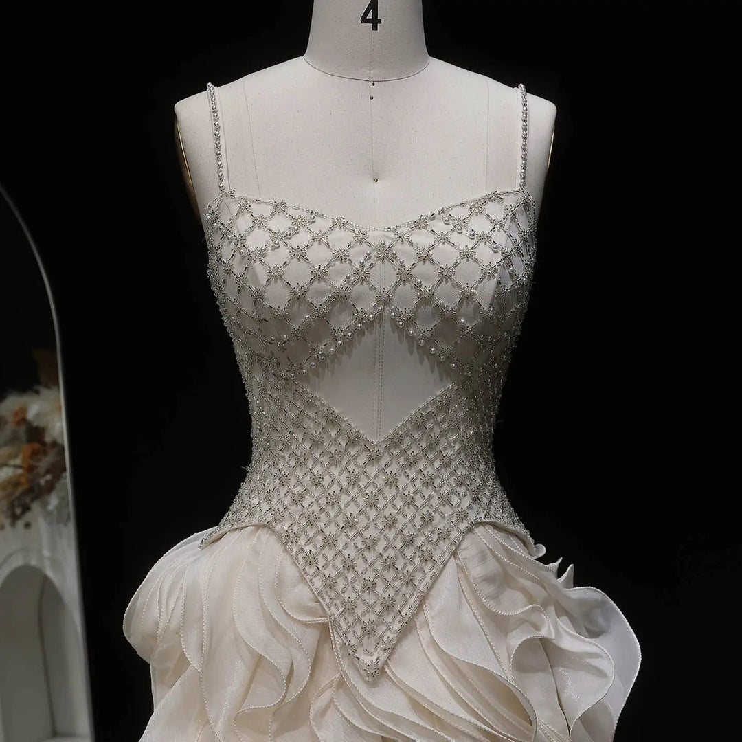 Luxury Beige Beaded Corset Ruffle Evening Dress with Layered SS257
