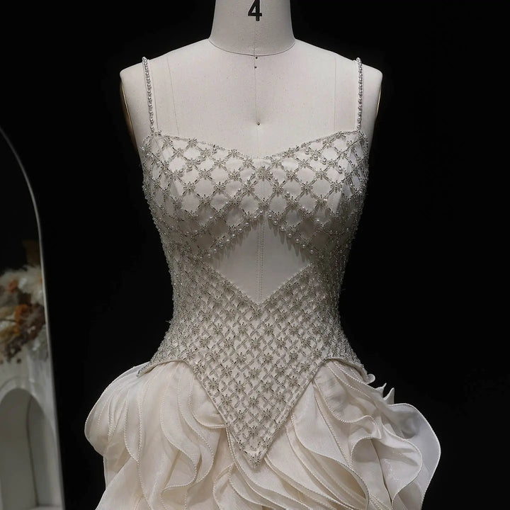 Luxury Beige Beaded Corset Ruffle Evening Dress with Layered SS257