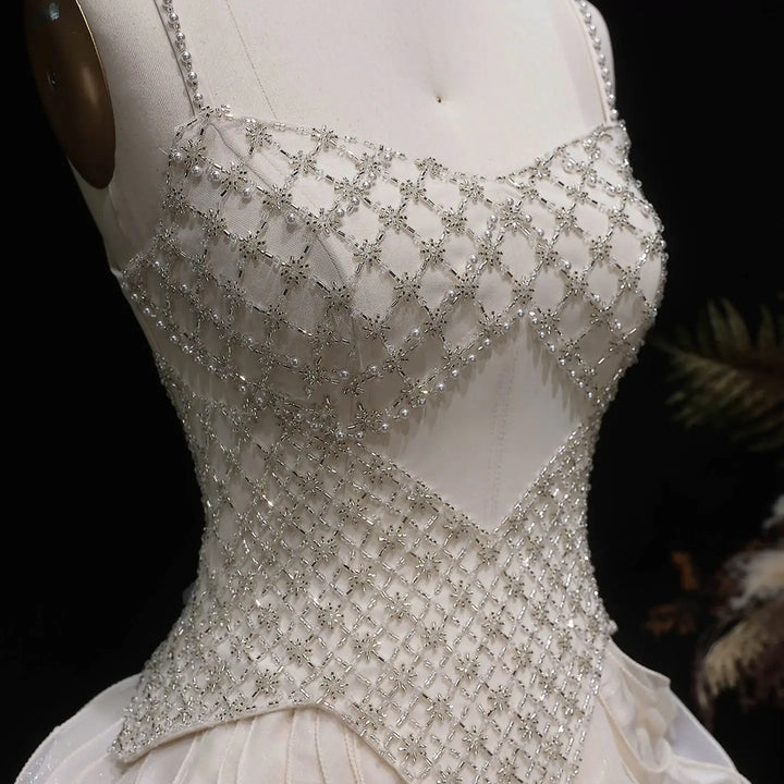 Luxury Beige Beaded Corset Ruffle Evening Dress with Layered SS257