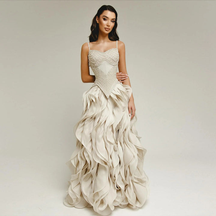 Luxury Beige Beaded Corset Ruffle Evening Dress with Layered SS257