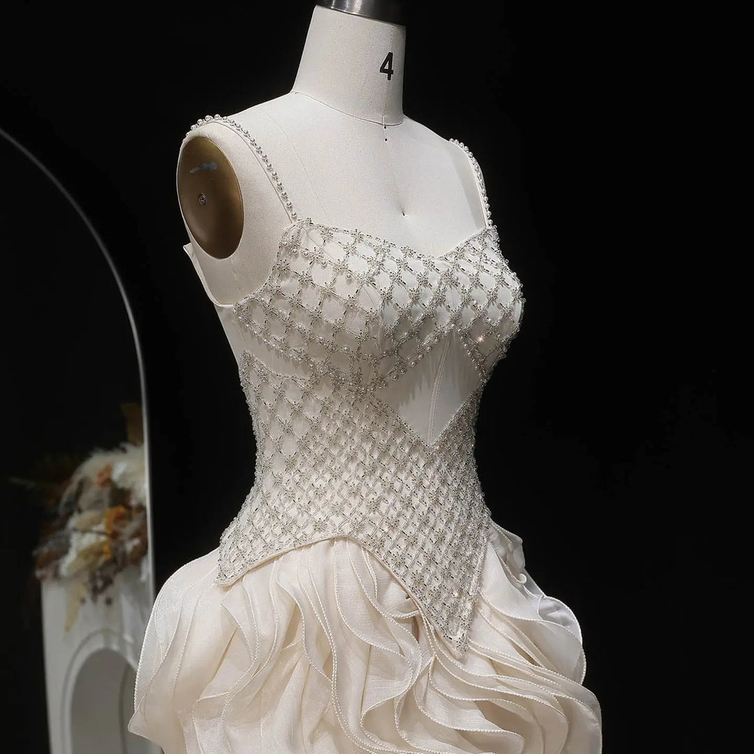 Luxury Beige Beaded Corset Ruffle Evening Dress with Layered SS257