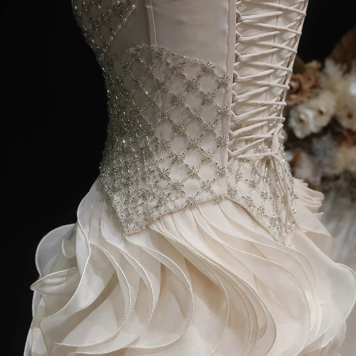 Luxury Beige Beaded Corset Ruffle Evening Dress with Layered SS257