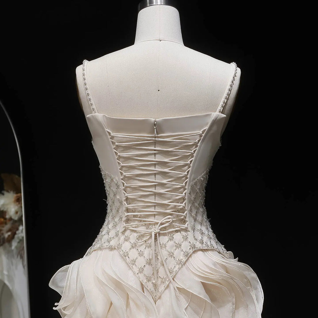Luxury Beige Beaded Corset Ruffle Evening Dress with Layered SS257