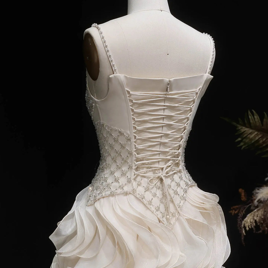 Luxury Beige Beaded Corset Ruffle Evening Dress with Layered SS257