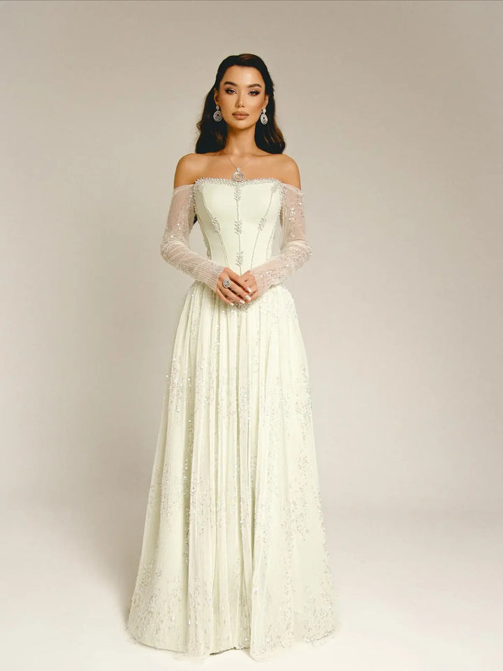 Luxury Beige Crystal Beaded Long Sleeve Evening Dress SS628