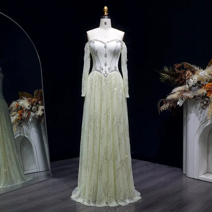 Luxury Beige Crystal Beaded Long Sleeve Evening Dress SS628