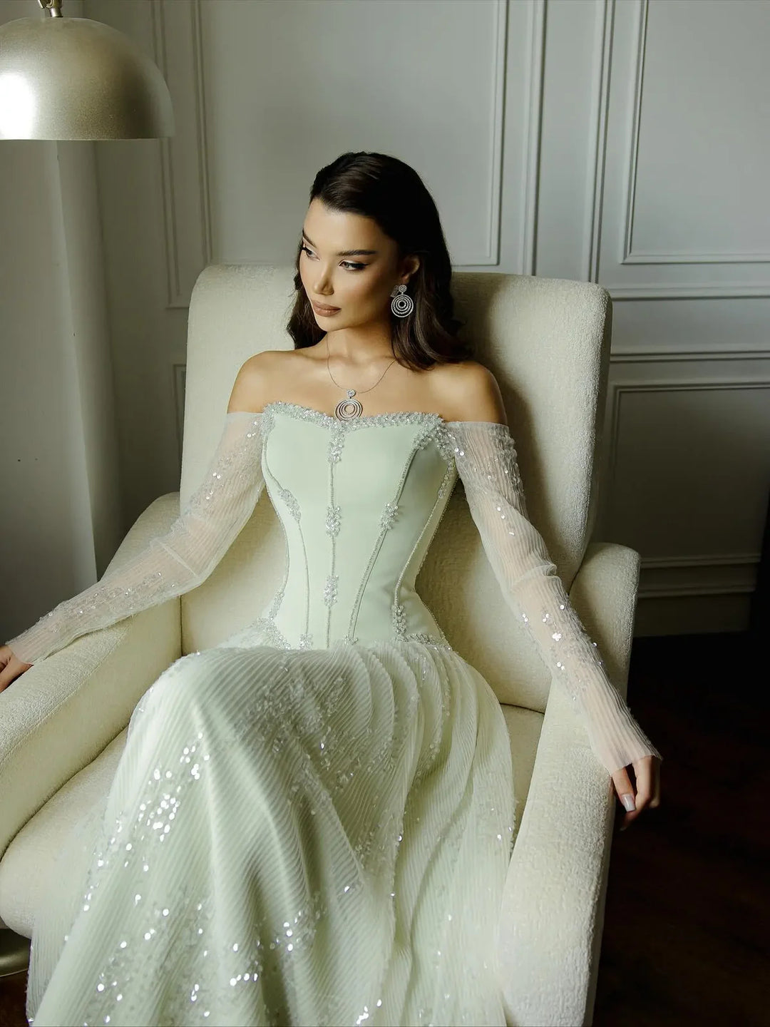 Luxury Beige Crystal Beaded Long Sleeve Evening Dress SS628