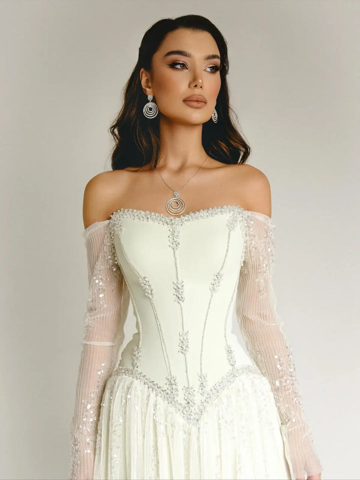 Luxury Beige Crystal Beaded Long Sleeve Evening Dress SS628