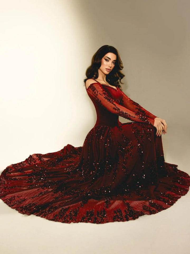 Luxury Beige Crystal Beaded Long Sleeve Evening Dress SS628